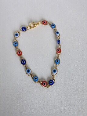 Gold Tone Evil Eye Bracelet Blue Red Nazar Charm 7" Dainty Boho
